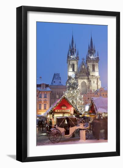 Snow-Covered Christmas Market and Tyn Church, Old Town Square, Prague, Czech Republic, Europe-Richard Nebesky-Framed Photographic Print