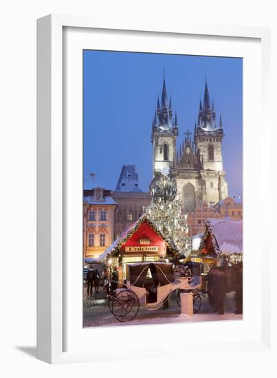 Snow-Covered Christmas Market and Tyn Church, Old Town Square, Prague, Czech Republic, Europe-Richard Nebesky-Framed Photographic Print