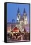 Snow-Covered Christmas Market and Tyn Church, Old Town Square, Prague, Czech Republic, Europe-Richard Nebesky-Framed Stretched Canvas