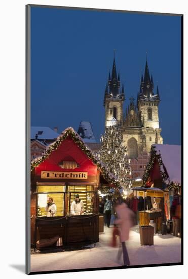 Snow-Covered Christmas Market and Tyn Church, Old Town Square, Prague, Czech Republic, Europe-Richard Nebesky-Mounted Photographic Print