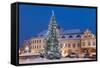 Snow-Covered Christmas Tree and Renaissance Buildings, Jihocesky, Czech Republic, Europe-Richard Nebesky-Framed Stretched Canvas