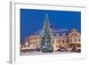 Snow-Covered Christmas Tree and Renaissance Buildings, Jihocesky, Czech Republic, Europe-Richard Nebesky-Framed Photographic Print