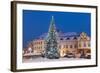 Snow-Covered Christmas Tree and Renaissance Buildings, Jihocesky, Czech Republic, Europe-Richard Nebesky-Framed Photographic Print