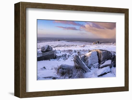 Snow covered granite outcrops on Great Staple Tor, Dartmoor National Park, Devon, England-Adam Burton-Framed Photographic Print