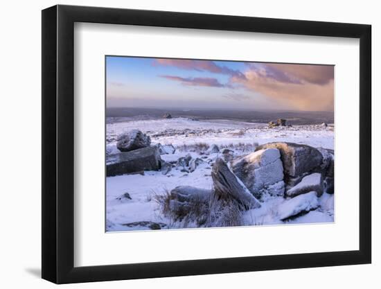 Snow covered granite outcrops on Great Staple Tor, Dartmoor National Park, Devon, England-Adam Burton-Framed Photographic Print