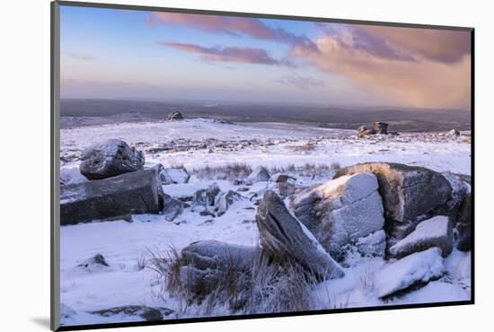 Snow covered granite outcrops on Great Staple Tor, Dartmoor National Park, Devon, England-Adam Burton-Mounted Photographic Print