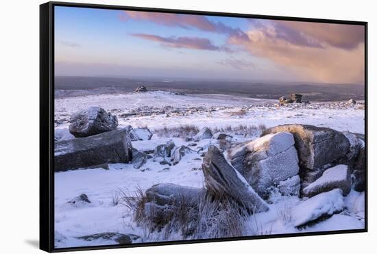 Snow covered granite outcrops on Great Staple Tor, Dartmoor National Park, Devon, England-Adam Burton-Framed Stretched Canvas