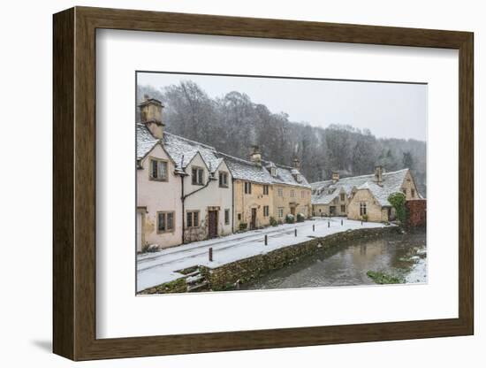 Snow covered houses by By Brook in Castle Combe, Wiltshire, England, United Kingdom, Europe-Paul Porter-Framed Photographic Print