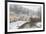 Snow covered houses by By Brook in Castle Combe with a dog enjoying a paddle, Wiltshire, England, U-Paul Porter-Framed Photographic Print