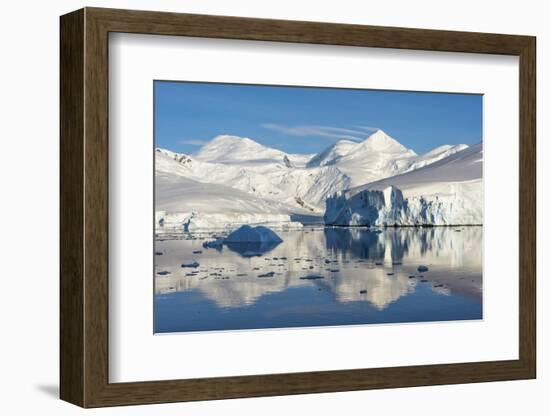 Snow covered island and iceberg with reflection in South Atlantic Ocean, Antarctica-Keren Su-Framed Photographic Print