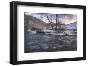 Snow covered landscape and icy river, Blue Ridge Mountains, North Carolina, United States of Americ-Jon Reaves-Framed Photographic Print