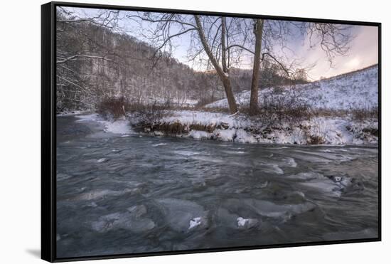 Snow covered landscape and icy river, Blue Ridge Mountains, North Carolina, United States of Americ-Jon Reaves-Framed Stretched Canvas