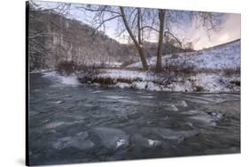 Snow covered landscape and icy river, Blue Ridge Mountains, North Carolina, United States of Americ-Jon Reaves-Stretched Canvas