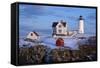 Snow Covered Lighthouse during Holiday Season in Maine.-Allan Wood Photography-Framed Stretched Canvas
