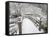 Snow-Covered Moon Bridge, Portland Japanese Garden, Oregon, USA-William Sutton-Framed Stretched Canvas
