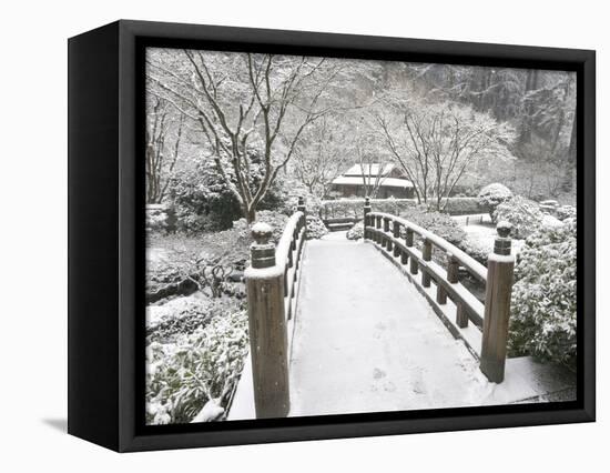 Snow-Covered Moon Bridge, Portland Japanese Garden, Oregon, USA-William Sutton-Framed Stretched Canvas