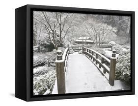 Snow-Covered Moon Bridge, Portland Japanese Garden, Oregon, USA-William Sutton-Framed Stretched Canvas