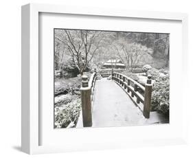 Snow-Covered Moon Bridge, Portland Japanese Garden, Oregon, USA-William Sutton-Framed Photographic Print