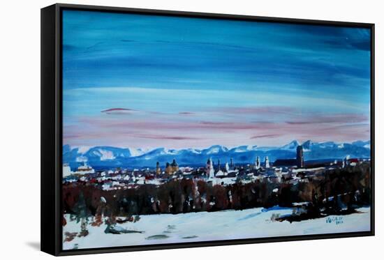 Snow covered Munich Winter Panorama with Alps-Markus Bleichner-Framed Stretched Canvas