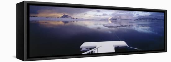 Snow Covered Pier with Mountains in the Background, Lofoten, Nordland County, Norway-null-Framed Stretched Canvas