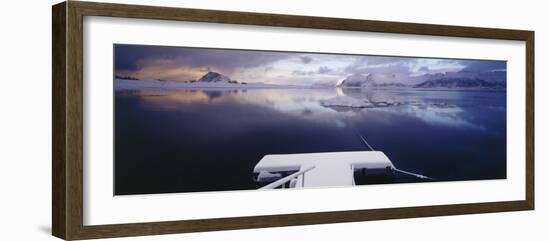 Snow Covered Pier with Mountains in the Background, Lofoten, Nordland County, Norway-null-Framed Photographic Print