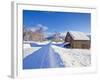 Snow Covered Road, Barn and Chalets in Norwegian Village of Laukslett, Troms, North Norway, Scandin-Neale Clark-Framed Photographic Print