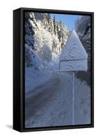 Snow-Covered Road Sign in the Italian Alps in Winter, Aosta Valley, Italy, Europe-Angelo-Framed Stretched Canvas