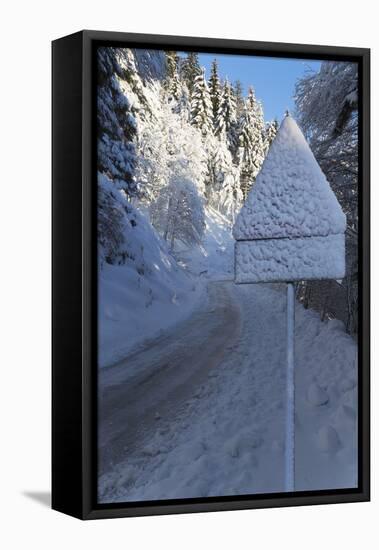 Snow-Covered Road Sign in the Italian Alps in Winter, Aosta Valley, Italy, Europe-Angelo-Framed Stretched Canvas