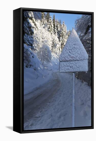 Snow-Covered Road Sign in the Italian Alps in Winter, Aosta Valley, Italy, Europe-Angelo-Framed Stretched Canvas