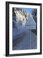 Snow-Covered Road Sign in the Italian Alps in Winter, Aosta Valley, Italy, Europe-Angelo-Framed Photographic Print