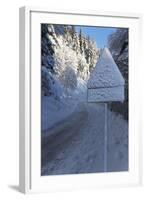 Snow-Covered Road Sign in the Italian Alps in Winter, Aosta Valley, Italy, Europe-Angelo-Framed Photographic Print