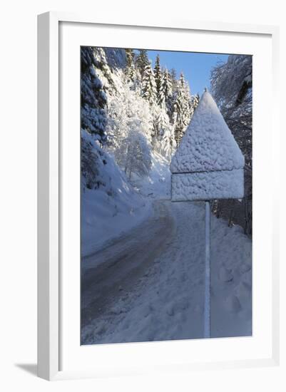 Snow-Covered Road Sign in the Italian Alps in Winter, Aosta Valley, Italy, Europe-Angelo-Framed Photographic Print