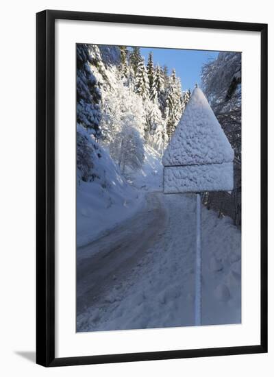 Snow-Covered Road Sign in the Italian Alps in Winter, Aosta Valley, Italy, Europe-Angelo-Framed Photographic Print