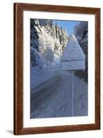 Snow-Covered Road Sign in the Italian Alps in Winter, Aosta Valley, Italy, Europe-Angelo-Framed Photographic Print