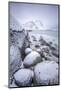 Snow covered rocks on the beach modeled by the wind surround the icy sea Pollen Vareid Flakstad Lof-ClickAlps-Mounted Photographic Print