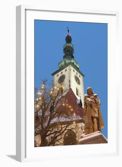 Snow-Covered Statue of Jan Zizka and Church of Transfiguration of Our Lady on Mount Tabor-Richard Nebesky-Framed Photographic Print
