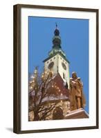 Snow-Covered Statue of Jan Zizka and Church of Transfiguration of Our Lady on Mount Tabor-Richard Nebesky-Framed Photographic Print