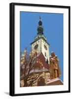 Snow-Covered Statue of Jan Zizka and Church of Transfiguration of Our Lady on Mount Tabor-Richard Nebesky-Framed Photographic Print