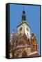 Snow-Covered Statue of Jan Zizka and Church of Transfiguration of Our Lady on Mount Tabor-Richard Nebesky-Framed Stretched Canvas