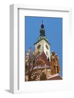 Snow-Covered Statue of Jan Zizka and Church of Transfiguration of Our Lady on Mount Tabor-Richard Nebesky-Framed Photographic Print