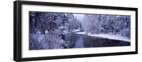 Snow Covered Trees Along a River, Yosemite National Park, California, USA-null-Framed Photographic Print