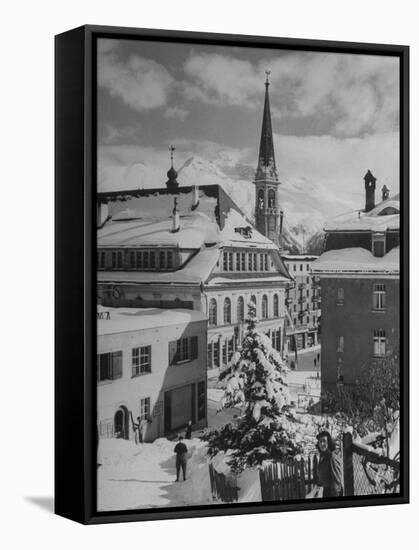 Snow-Covered Winter-Resort Village St. Moritz. Evangelical Church in Background-Alfred Eisenstaedt-Framed Stretched Canvas