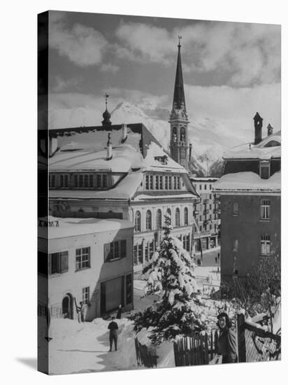 Snow-Covered Winter-Resort Village St. Moritz. Evangelical Church in Background-Alfred Eisenstaedt-Stretched Canvas