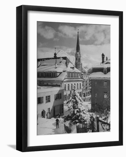 Snow-Covered Winter-Resort Village St. Moritz. Evangelical Church in Background-Alfred Eisenstaedt-Framed Photographic Print