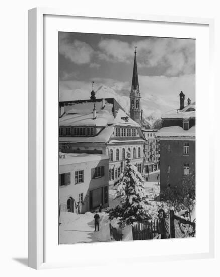 Snow-Covered Winter-Resort Village St. Moritz. Evangelical Church in Background-Alfred Eisenstaedt-Framed Photographic Print