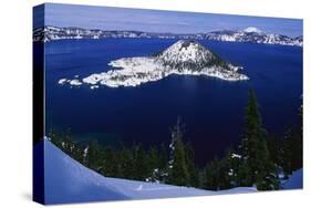 Snow Covered Wizard Island on Crater Lake-Paul Souders-Stretched Canvas