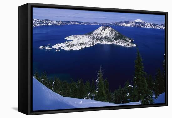 Snow Covered Wizard Island on Crater Lake-Paul Souders-Framed Stretched Canvas