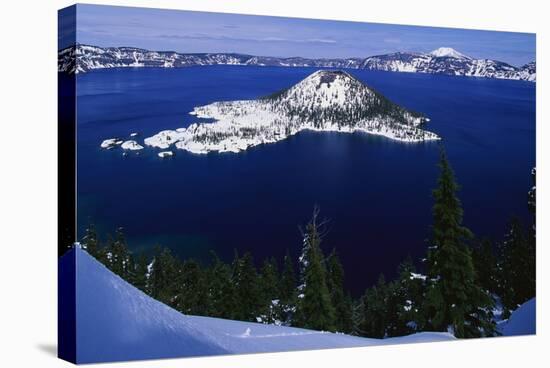 Snow Covered Wizard Island on Crater Lake-Paul Souders-Stretched Canvas