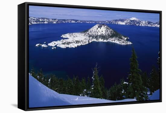 Snow Covered Wizard Island on Crater Lake-Paul Souders-Framed Stretched Canvas