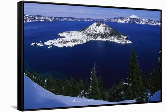 Snow Covered Wizard Island on Crater Lake-Paul Souders-Framed Stretched Canvas